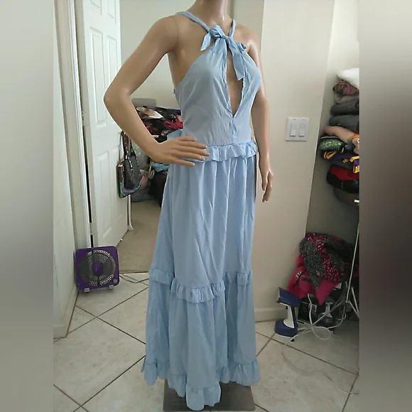 NWOT Sky Blue Backless Halter Dress SZ. MED ADJ. STRAPS W/ POCKETS - Picture 5 of 9